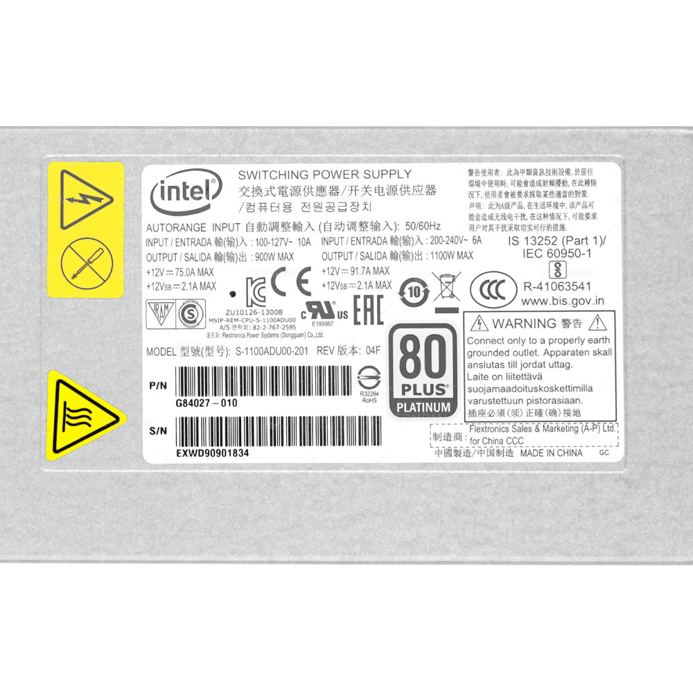 G84027-010  INTEL 80 PLUS PLATINUM 100-127V/200-240V 1100W POWER SUPPLY FOR R1208WFTYS